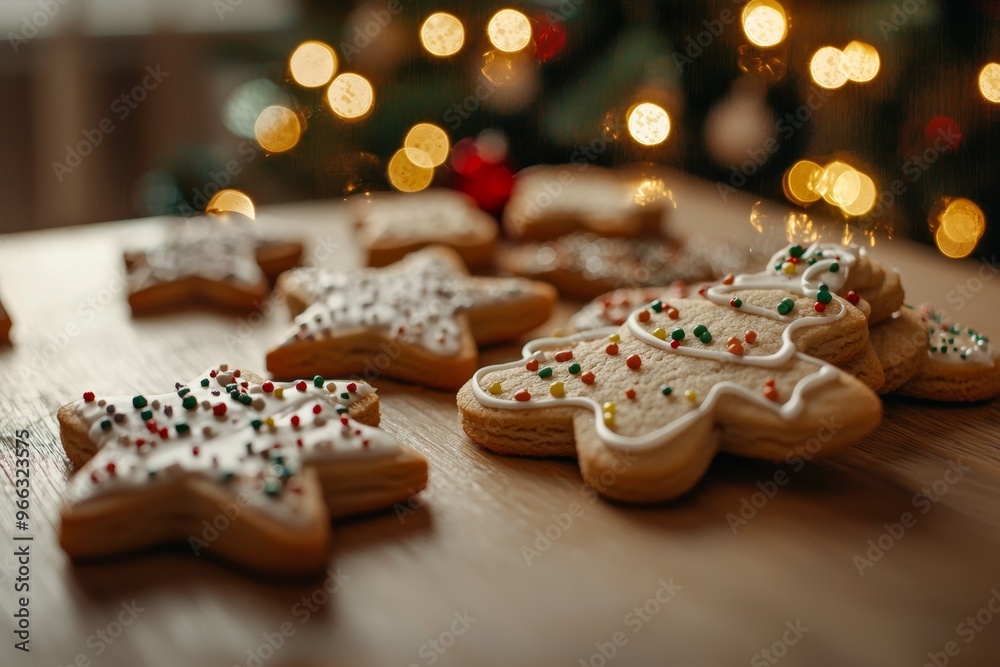 Beautifully Decorated Christmas Cookies with Icing and Sprinkles on Wooden Table - Perfect for Holiday Cards Beautifully Decorated Christmas Cookies with Icing and Sprinkles on Wooden Table - Perfect for Holiday Cards