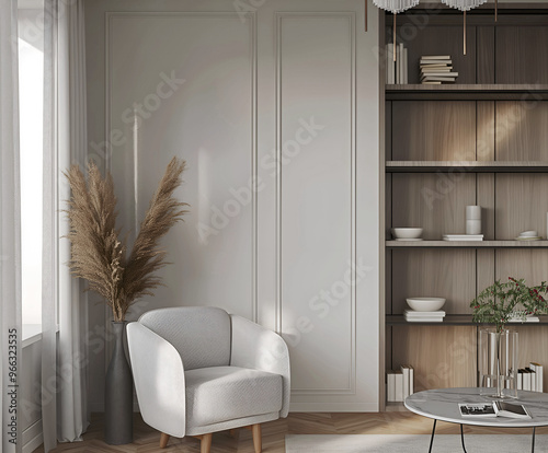 Aesthetic elegant modern iinterior design with classic elements. Clear mock up empty wall for decoration in the apartment. Copy space in the room with moldings. Neutral palette of natural colors photo