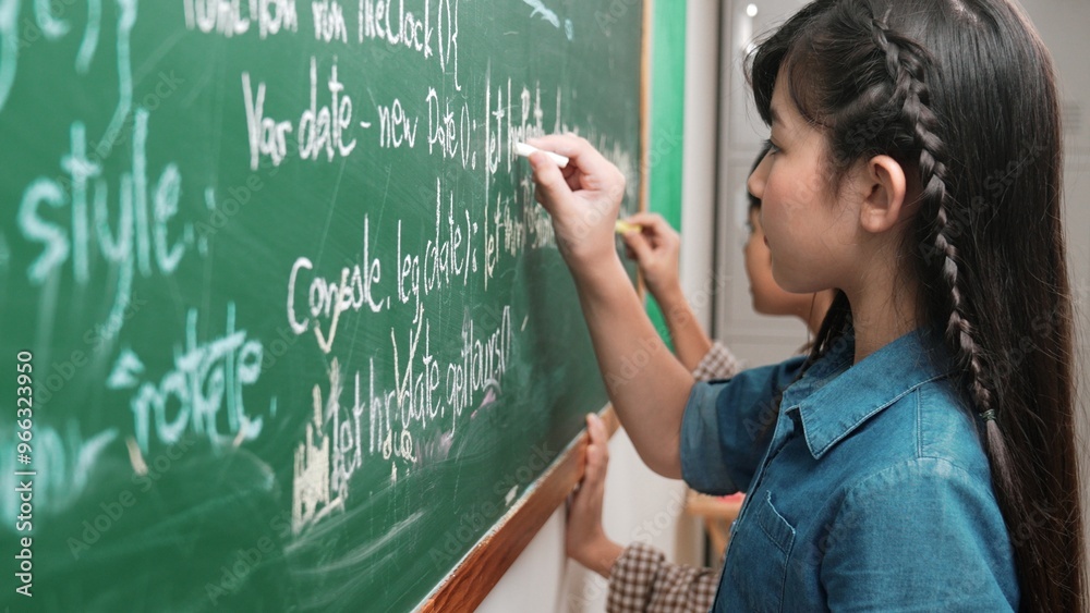 Skilled asian girl writing engineering prompt and programing system while standing blackboard with generated AI prompt written by diverse smart student at STEM technology lesson. Education. Pedagogy. Skilled asian girl writing engineering prompt and programing system while standing blackboard with generated AI prompt written by diverse smart student at STEM technology lesson. Education. Pedagogy.