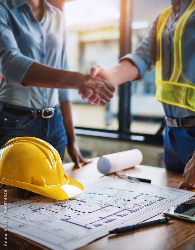 yellow safety helmet on workplace desk with construction worker team hands shaking greeting start up plan new project contract in office center at construction site, partnership and contractor concept yellow safety helmet on workplace desk with construction worker team hands shaking greeting start up plan new project contract in office center at construction site, partnership and contractor concept
