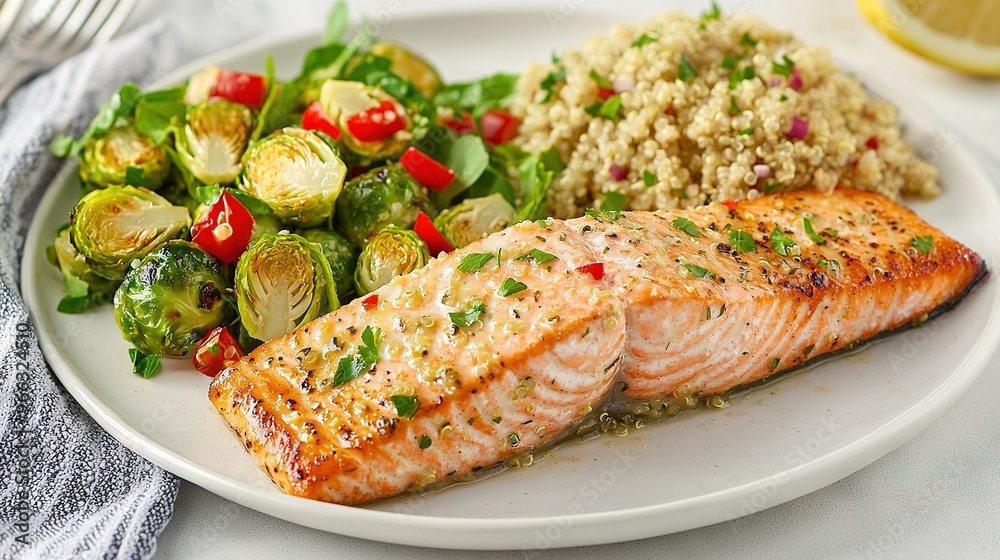   A close-up of a plate of food featuring salmon and Brussels sprouts