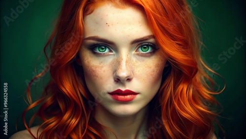 Vibrant red hair cascades down the back of a smiling, confident woman with porcelain skin, bright green eyes,