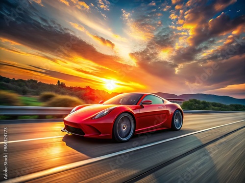 Vibrant red sports car speeding down a blurred highway at sunset, motion blur effect capturing dynamic energy and