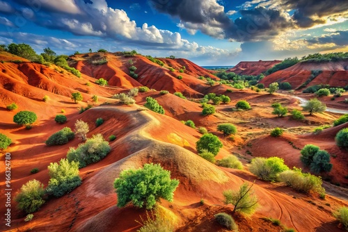 Vibrant red sand dunes stretch towards the cerulean sky in Bulgaria's unique desert landscape, dotted with clusters of photo