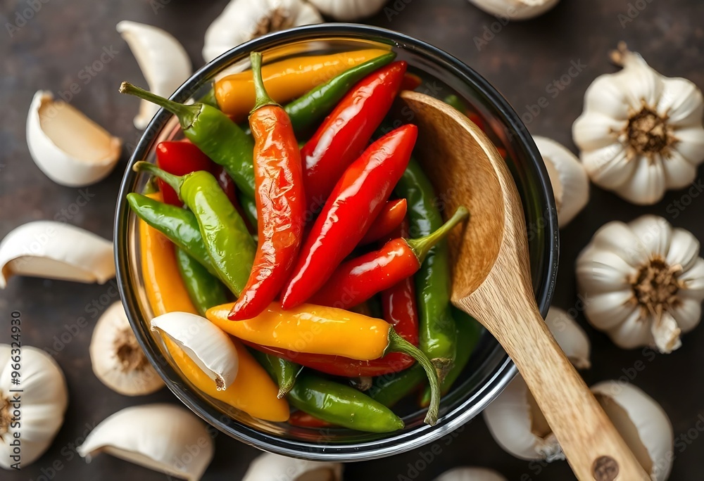 a bowl of mixed hot peppers, including serrano and cayenne, surrounded by garlic cloves and a wooden spoon create with ai a bowl of mixed hot peppers, including serrano and cayenne, surrounded by garlic cloves and a wooden spoon create with ai