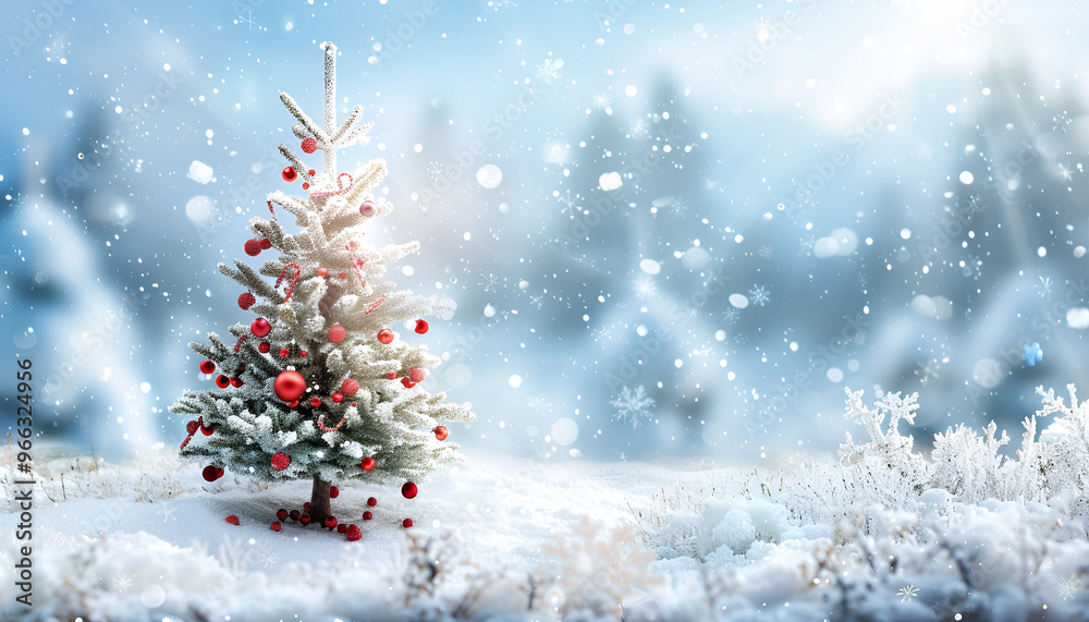 Obraz premium Outside Christmas tree in snow background with tree lights and snowman