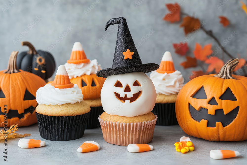 Spooky Sweet Treats: A bewitching Halloween cupcake with a witch hat takes center stage amidst a festive spread of pumpkin-themed cupcakes and carved pumpkins. Spooky Sweet Treats: A bewitching Halloween cupcake with a witch hat takes center stage amidst a festive spread of pumpkin-themed cupcakes and carved pumpkins.