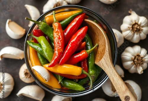 a bowl of mixed hot peppers, including serrano and cayenne, surrounded by garlic cloves and a wooden spoon create with ai