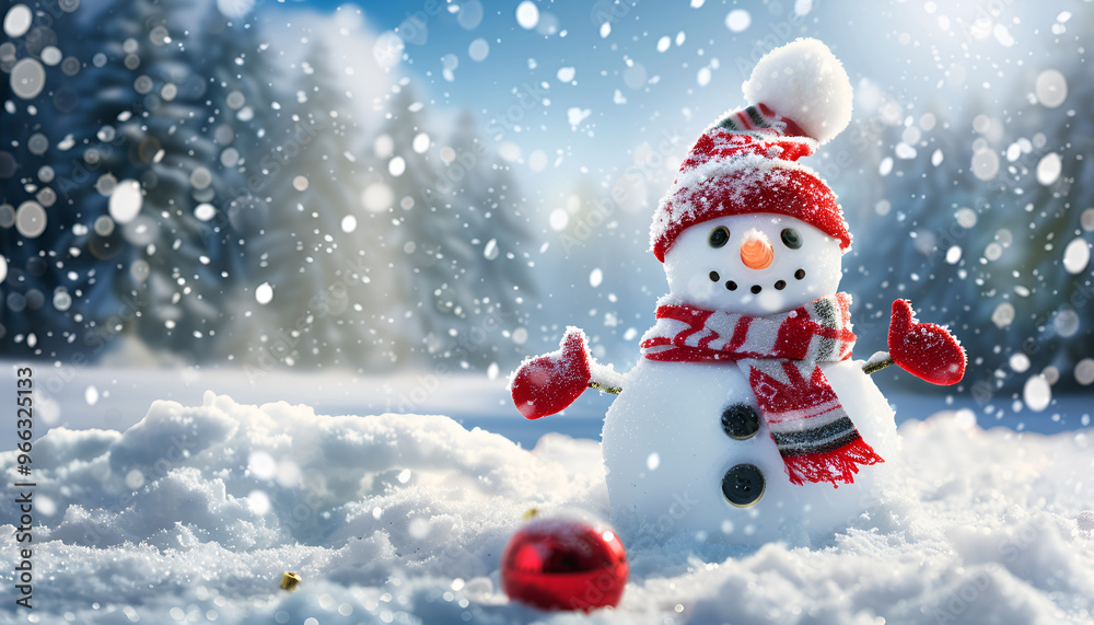 Outside Christmas tree in snow background with tree lights and snowman Outside Christmas tree in snow background with tree lights and snowman