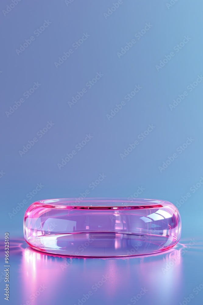 A pink glass object is on a blue background A pink glass object is on a blue background