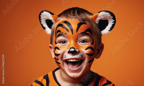 A young boy with tiger face paint smiles brightly at the camera photo