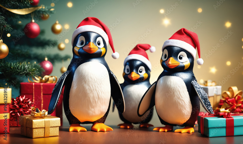 Three penguins wearing Santa hats stand near a Christmas tree and presents Three penguins wearing Santa hats stand near a Christmas tree and presents