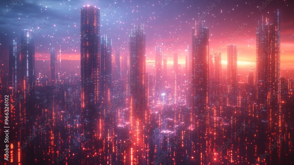 Digital cityscape representing a virtual network illuminated by glowing lights at dusk