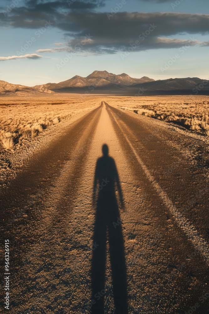 Fototapeta premium Long shadow stretching across a deserted road at dusk, creating a mysterious atmosphere, long shadow, evening photography.
