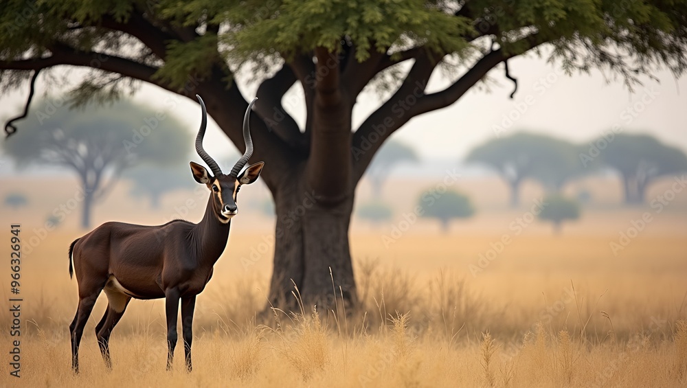 Sable antelope under acacia tree strong horns Sable antelope under acacia tree strong horns