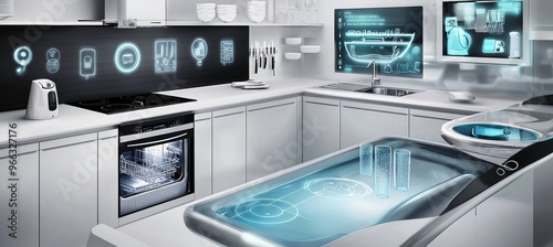 Futuristic Smart Kitchen with High-Tech Dishwashing Machine and Connected Home Hub Interface