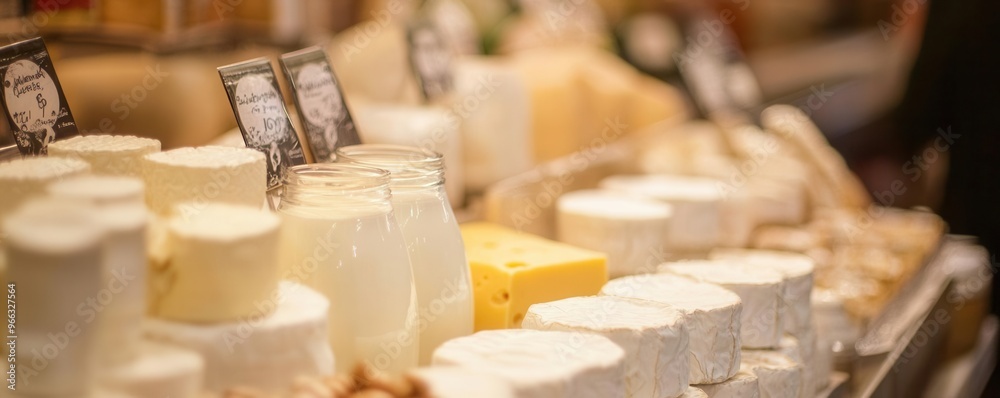 Fresh dairy products displayed in a market, with milk, cheese, and butter, fresh dairy, farm-to-table
