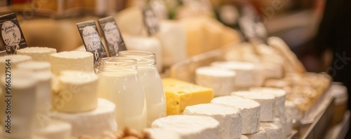 Obraz na płótnie Fresh dairy products displayed in a market, with milk, cheese, and butter, fresh dairy, farm-to-table w salonie