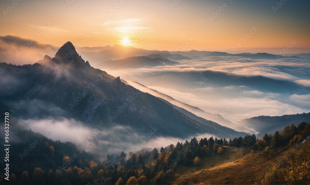 Obraz premium The sun rises over a mountain range, casting a golden glow on the clouds below