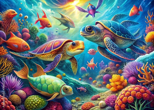 Vibrant, whimsical illustrations of ocean creatures, including coral, fish, and sea turtles, swirl together in a