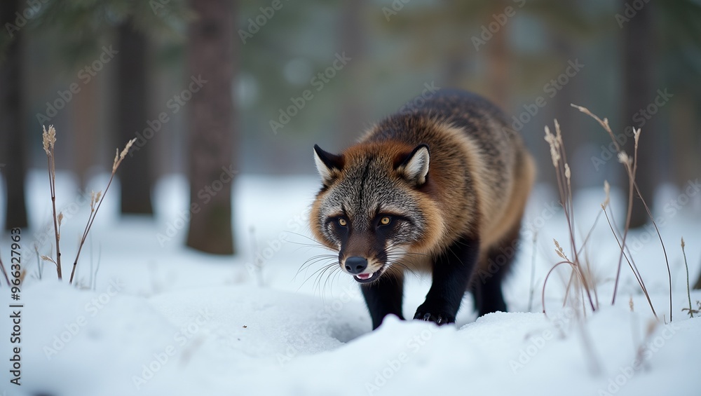 Fototapeta premium Closeup of wolverine in snowy forest sharp claws and dense fur pine tree shadows