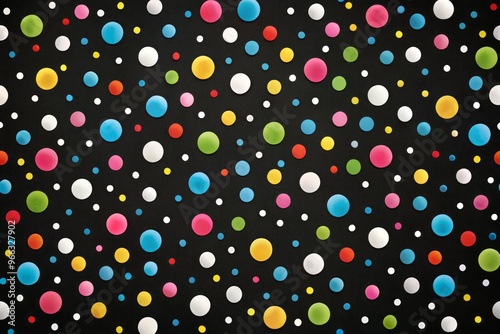 Vibrant white polka dots scattered randomly across a sleek, dark black background, creating a fun, playful, and