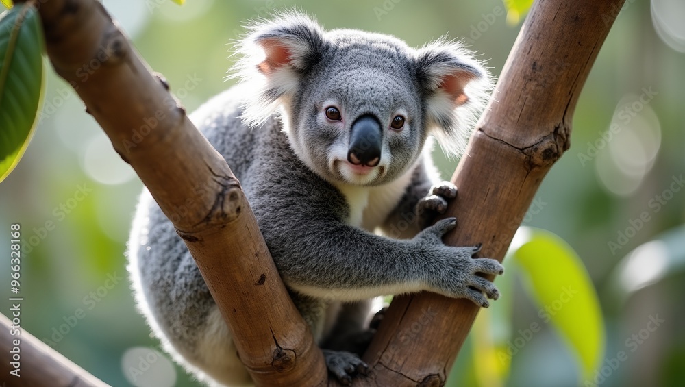 Fototapeta premium Adorable koala in focus on eucalyptus branch with lush green bokeh