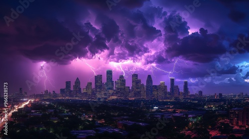 Fierce Lightning Storm Over City with Purple Hue