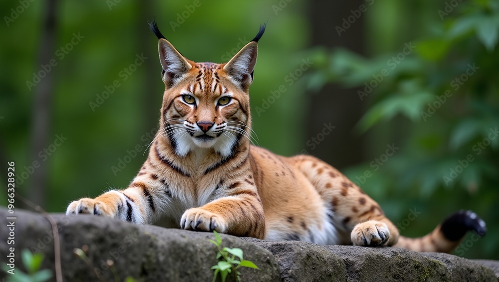 Majestic lynx resting on rocky ledge tufted ears raised thick spotted fur lush green forest backdrop Majestic lynx resting on rocky ledge tufted ears raised thick spotted fur lush green forest backdrop