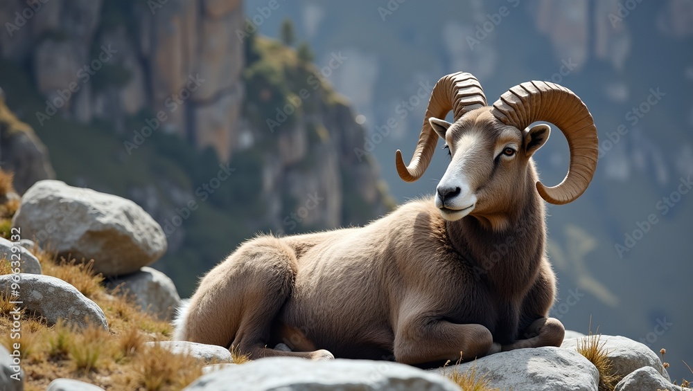 Majestic blue sheep on rocky slope with intricate horns against rugged cliff backdrop Majestic blue sheep on rocky slope with intricate horns against rugged cliff backdrop
