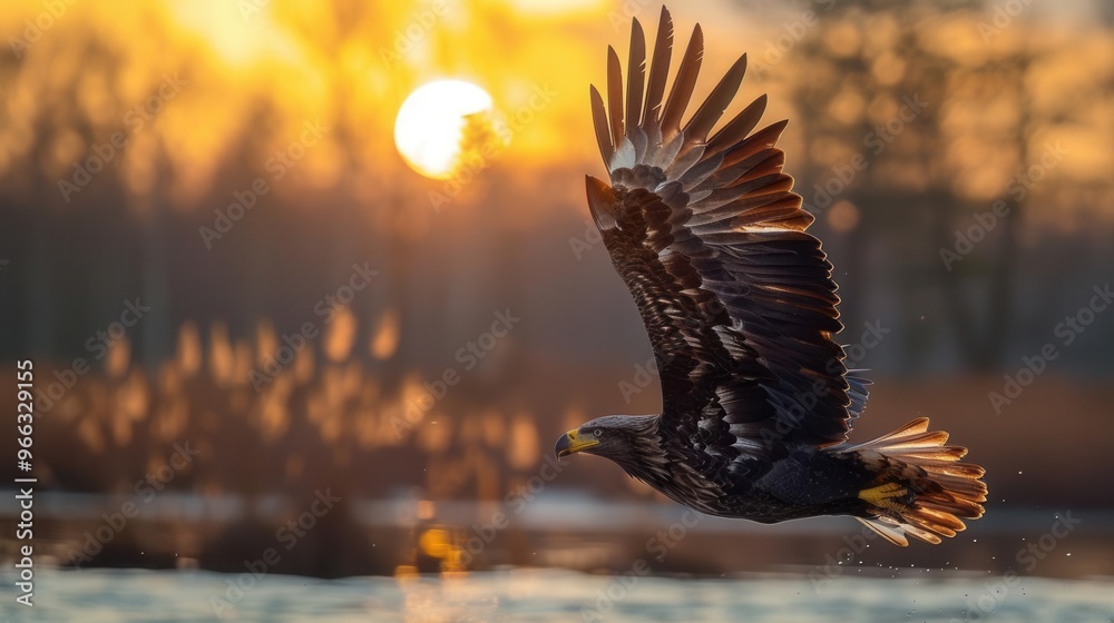 Obraz premium Majestic eagle flying over marshlands, sunset glow, panoramic view, calm water, wide shot, sharp focus, natural beauty