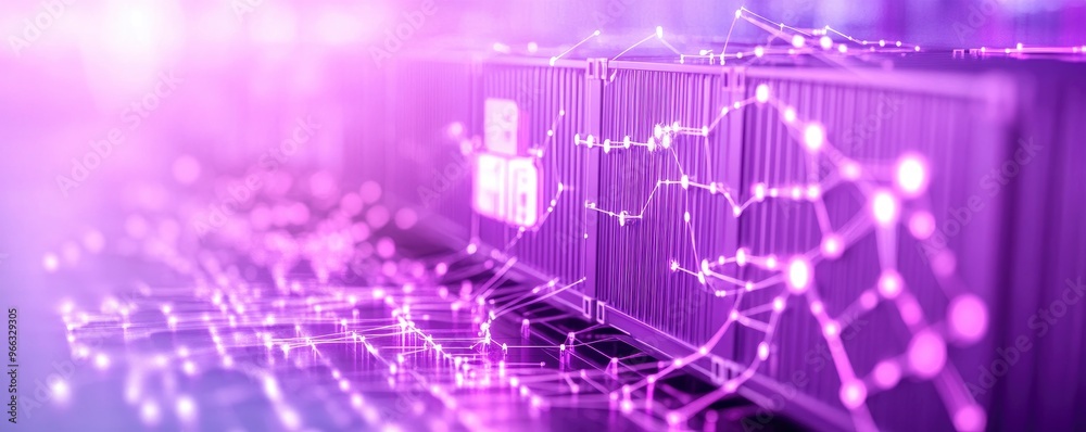 Fototapeta premium Global trade and logistics are abstractly represented with cargo containers and connecting lines.