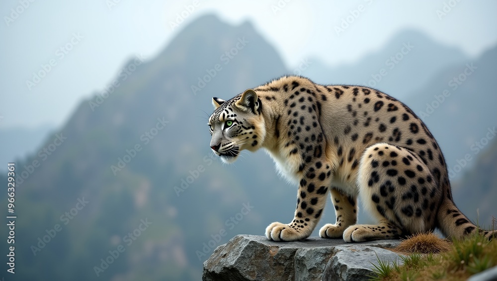 Fototapeta premium Majestic snow leopard on rocky ledge green eyes intense misty mountain backdrop