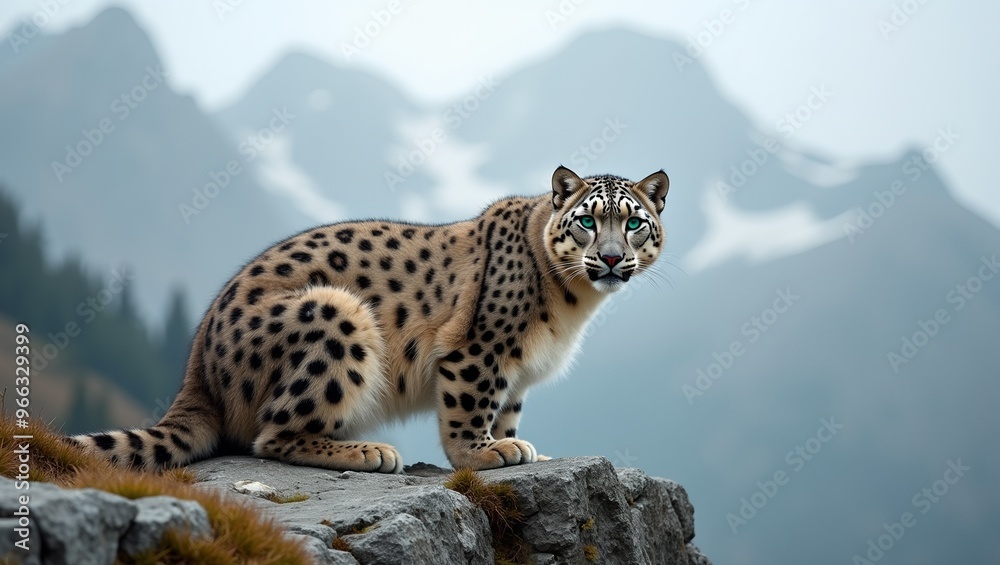 Majestic snow leopard on rocky ledge green eyes intense misty mountain backdrop Majestic snow leopard on rocky ledge green eyes intense misty mountain backdrop