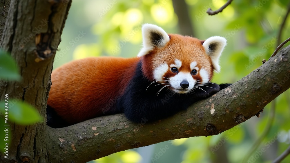 Fototapeta premium Adorable red panda resting on tree branch in lush green forest under dappled sunlight