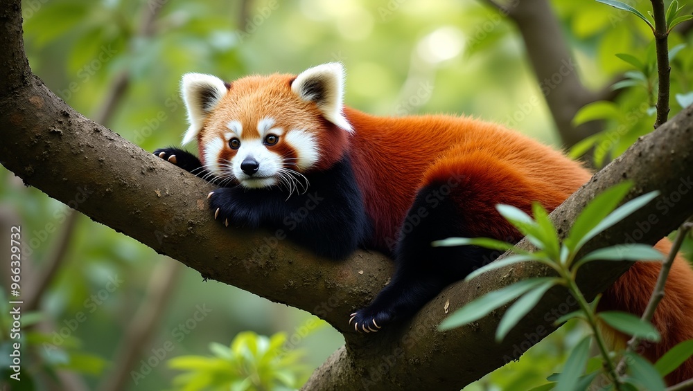 Adorable red panda resting on tree branch in lush green forest under dappled sunlight Adorable red panda resting on tree branch in lush green forest under dappled sunlight