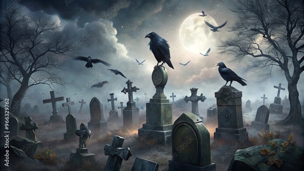 Eerie Halloween Scene Featuring Black Crows Perched on Tombstones for Spooky Decor and Seasonal Celebrations Eerie Halloween Scene Featuring Black Crows Perched on Tombstones for Spooky Decor and Seasonal Celebrations