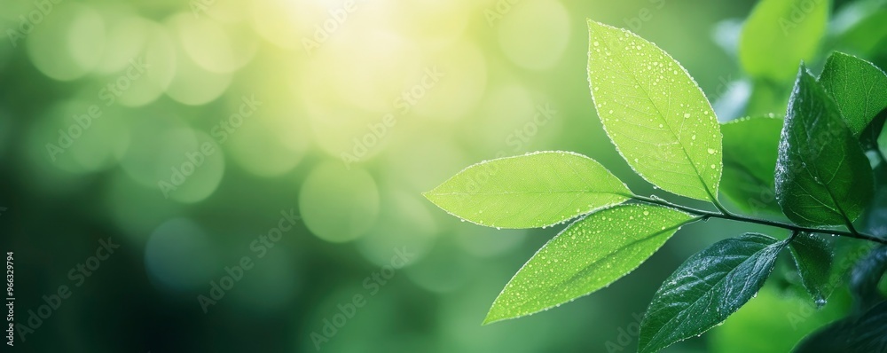 green leaf branch with water droplet on bright green blur background green leaf branch with water droplet on bright green blur background