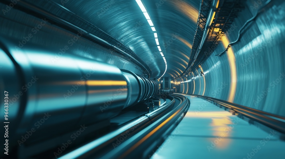 Fototapeta premium A sleek, illuminated underground tunnel featuring advanced machinery and high-tech infrastructure, evoking innovation and modern engineering.
