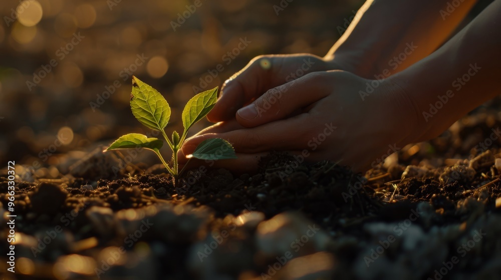 Fototapeta premium Hands gently planting a small green seedling in rich soil. Nature thrives with every new plant. Growth and care create a sustainable future.
