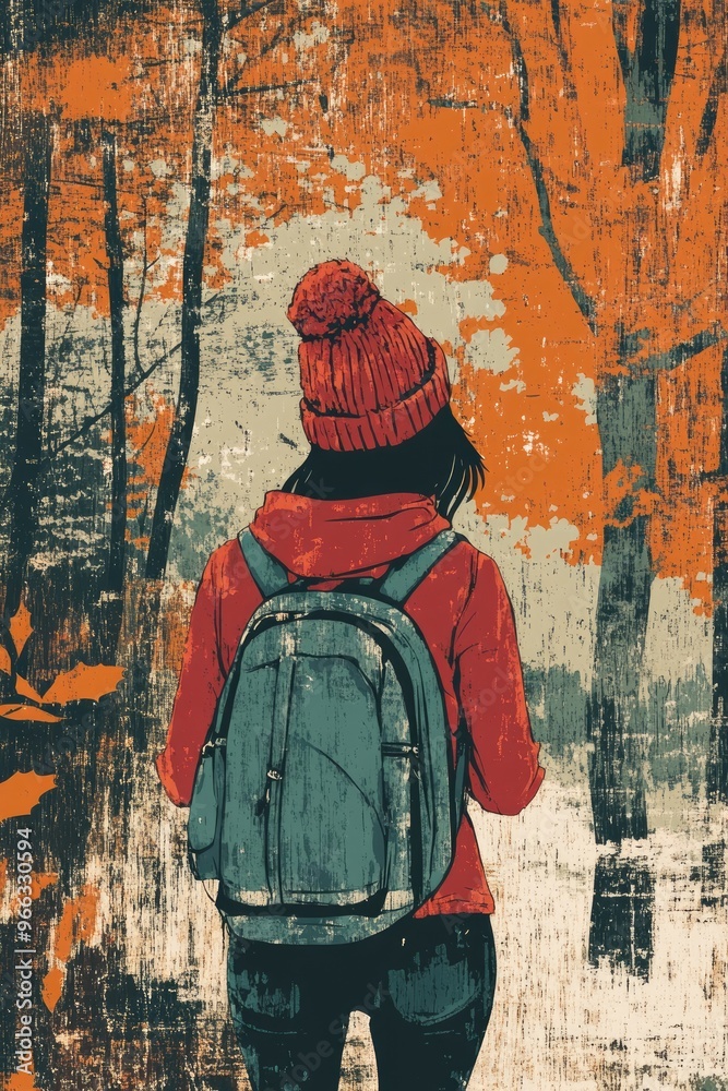 Obraz premium Illustration of a Traveler with Backpack and Knit Hat Hiking in a Colorful Autumn Forest Woman Enjoying Sunrise During a Woodland Adventure Outdoor Activity in the Fall Season