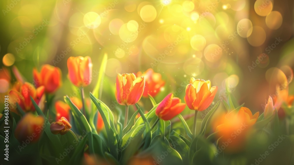 Bright Orange Tulips Blooming in a Sunlit Garden with a Soft Bokeh Background Bright Orange Tulips Blooming in a Sunlit Garden with a Soft Bokeh Background