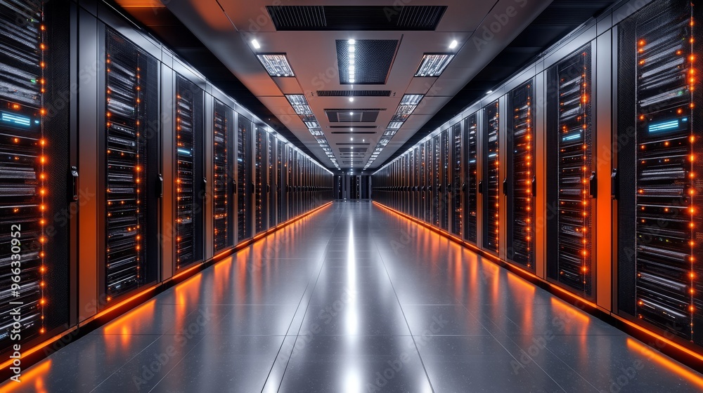 Rows of advanced servers in a modern data center showcasing effective cooling systems Rows of advanced servers in a modern data center showcasing effective cooling systems