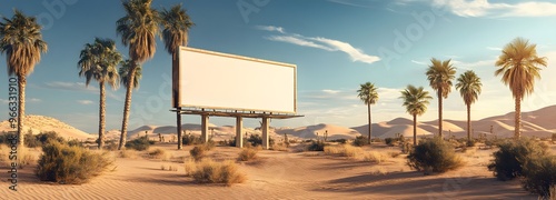 32. A billboard in a desert oasis with palm trees and sand dunes, emphasizing the clean white space photo