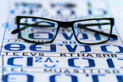 Glasses on top of an eye chart at the optician store Close-up on a pair of glasses on top of an eye chart at the optician store photo