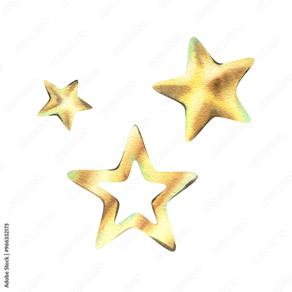 Golden stars, New Year's toys for decoration and other holidays, yellow, volumetric. Watercolor illustration, hand-drawn. Set of individual elements isolated from the background. Golden stars, New Year's toys for decoration and other holidays, yellow, volumetric. Watercolor illustration, hand-drawn. Set of individual elements isolated from the background.