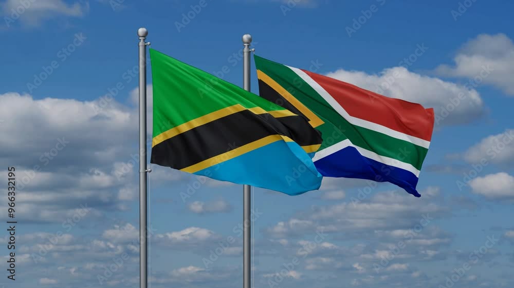 Republic of South Africa and Tanzania flags flying together, video concept of the relationship, two country cooperation concept Republic of South Africa and Tanzania flags flying together, video concept of the relationship, two country cooperation concept