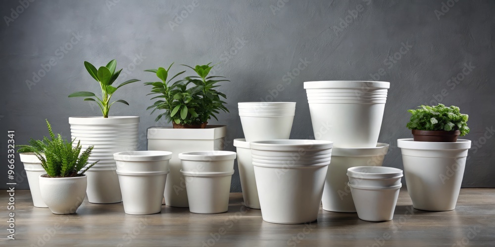 White plastic plant pots of various sizes arranged on a grey background, empty and clean, waiting for plants White plastic plant pots of various sizes arranged on a grey background, empty and clean, waiting for plants
