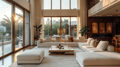Large living room  interior design characterized by an elegant living room featuring a comfortable sofa. Generative AI.