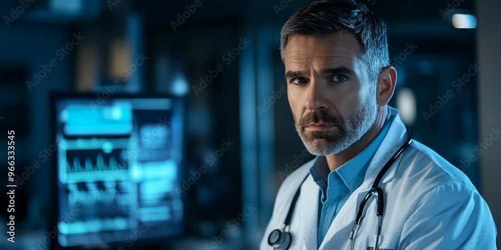 A focused male doctor in modern medical attire is gazing intently at the viewer. The image captures a blend of professionalism and concern in a hospital setting. It’s ideal for healthcare themes. AI A focused male doctor in modern medical attire is gazing intently at the viewer. The image captures a blend of professionalism and concern in a hospital setting. It’s ideal for healthcare themes. AI